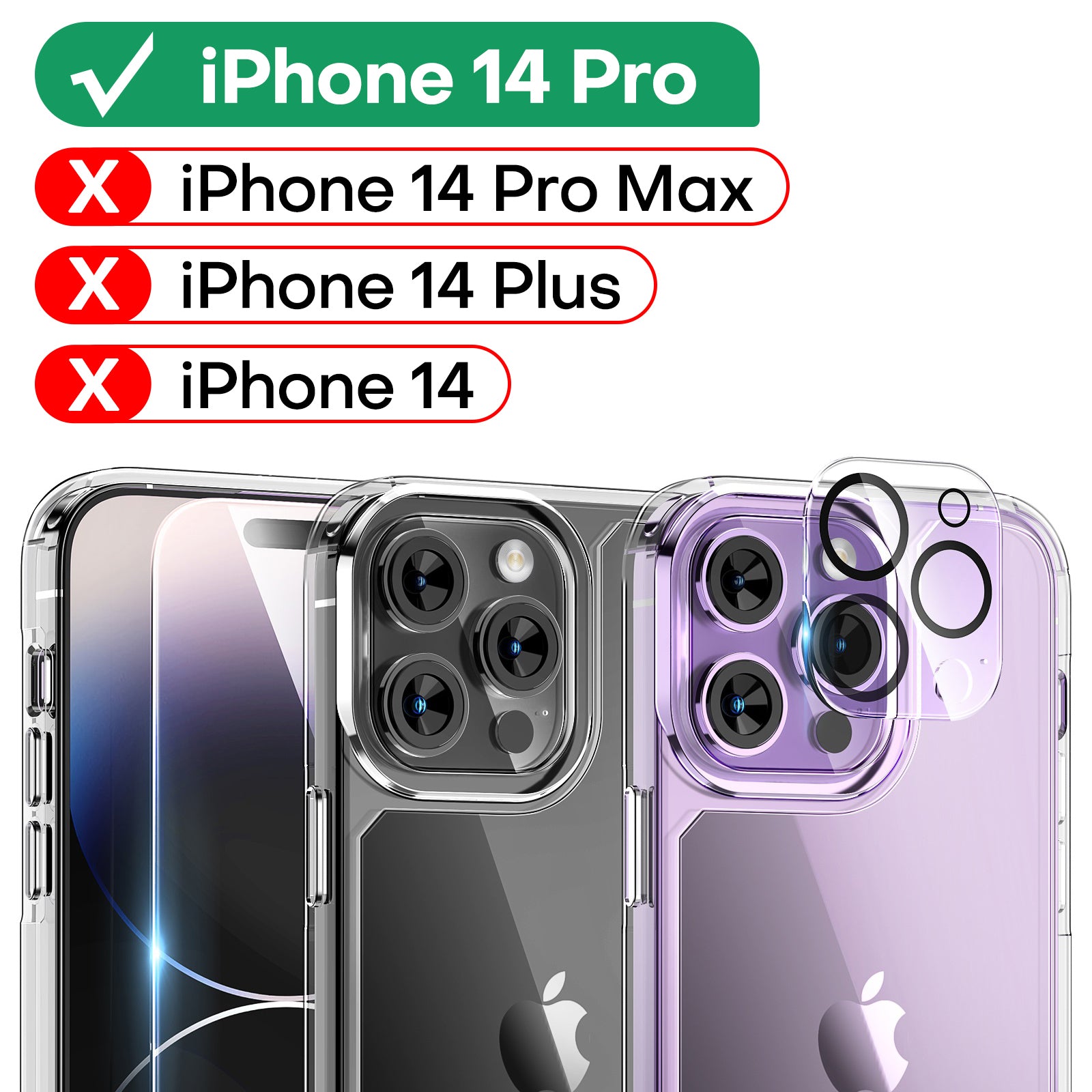 GOX  [5 in 1] for iPhone 14 Pro Case Clear, [Not Yellowing] with 2X Tempered Glass Screen Protector + 2X Camera Lens Protector, [Military Grade Drop Protection] Shockproof Slim Phone Case 6.1 Inch