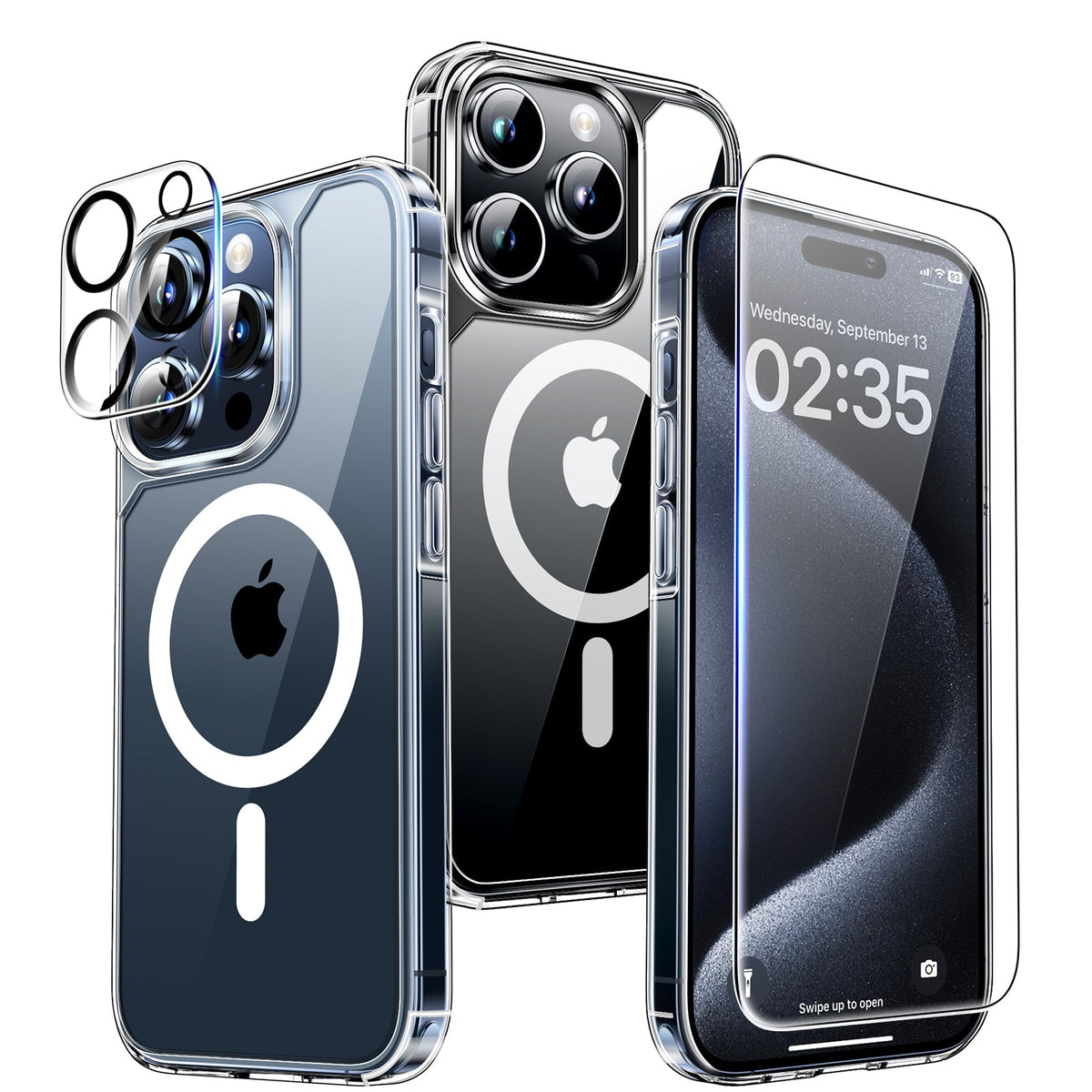 GOX 5 in 1 Magnetic Case for iPhone 15 Pro [Military Grade Drop Protection] with 2X Screen Protector + 2X Camera Lens Protector, Transparent Slim Fit Case Mag-Safe-Clear