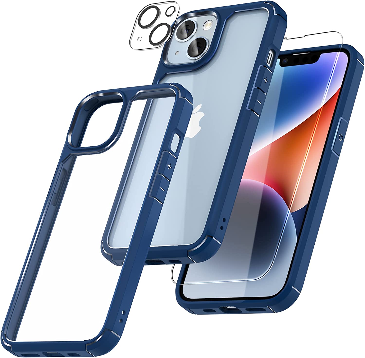 GOX [5 in 1] for iPhone 14 Plus Case [Not Yellowing], with 2 Tempered Glass Screen Protectors+2 Camera Lens Protectors [Military Grade Protection] Shockproof Slim iPhone 14 Plus Case 6.7 Inch-Blue