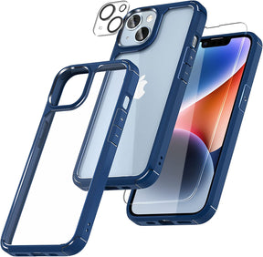 GOX [5 in 1] for iPhone 14 Plus Case [Not Yellowing], with 2 Tempered Glass Screen Protectors+2 Camera Lens Protectors [Military Grade Protection] Shockproof Slim iPhone 14 Plus Case 6.7 Inch-Blue