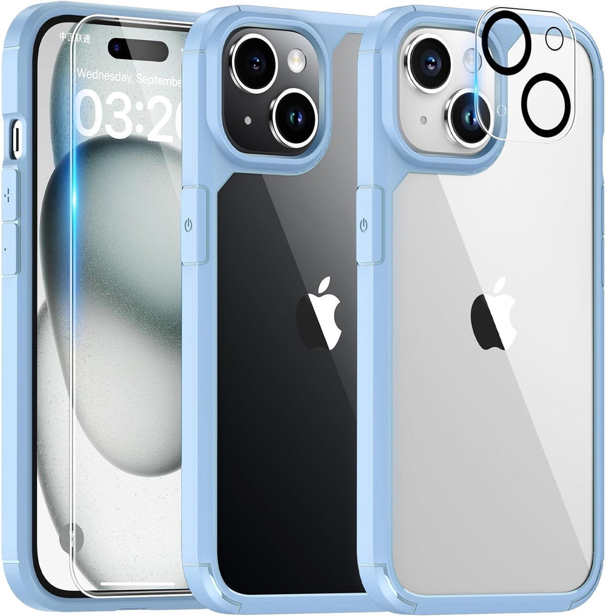 GOX for iPhone 15 Plus Case, [5 in 1] 1X Clear Case [Not-Yellowing] with 2X Screen Protector + 2X Camera Lens Protector, [Militarized Drop Defense] Slim Phone Case 6.7 inch, Light Blue