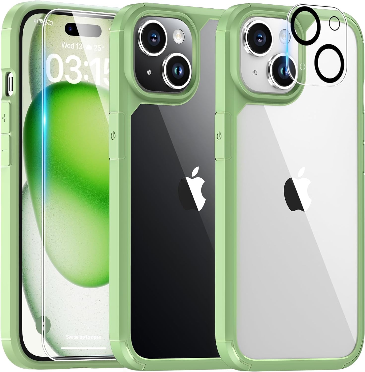 GOX for iPhone 15 Plus Case, [5 in 1] 1X Clear Case [Not-Yellowing] with 2X Tempered Glass Screen Protector + 2X Camera Lens Protector, [Militarized Drop Defense] Slim Phone Case 6.7 inch, Green