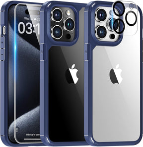 GOX for iPhone 15 Pro Max Case, [5 in 1] 1X Clear Case [Not-Yellowing] with 2X Tempered Glass Screen Protector + 2X Camera Lens Protector, [Militarized Drop Defense] Slim Phone Case 6.7 inch, Blue