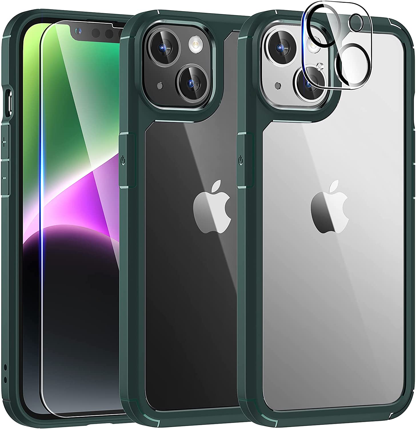 GOX  [5 in 1] for iPhone 14 Case, [Not Yellowing] with 2 Tempered Glass Screen Protector + 2 Camera Lens Protector [Military Drop Protection] Shockproof Slim Phone Case for iPhone 14 6.1 Inch-Green