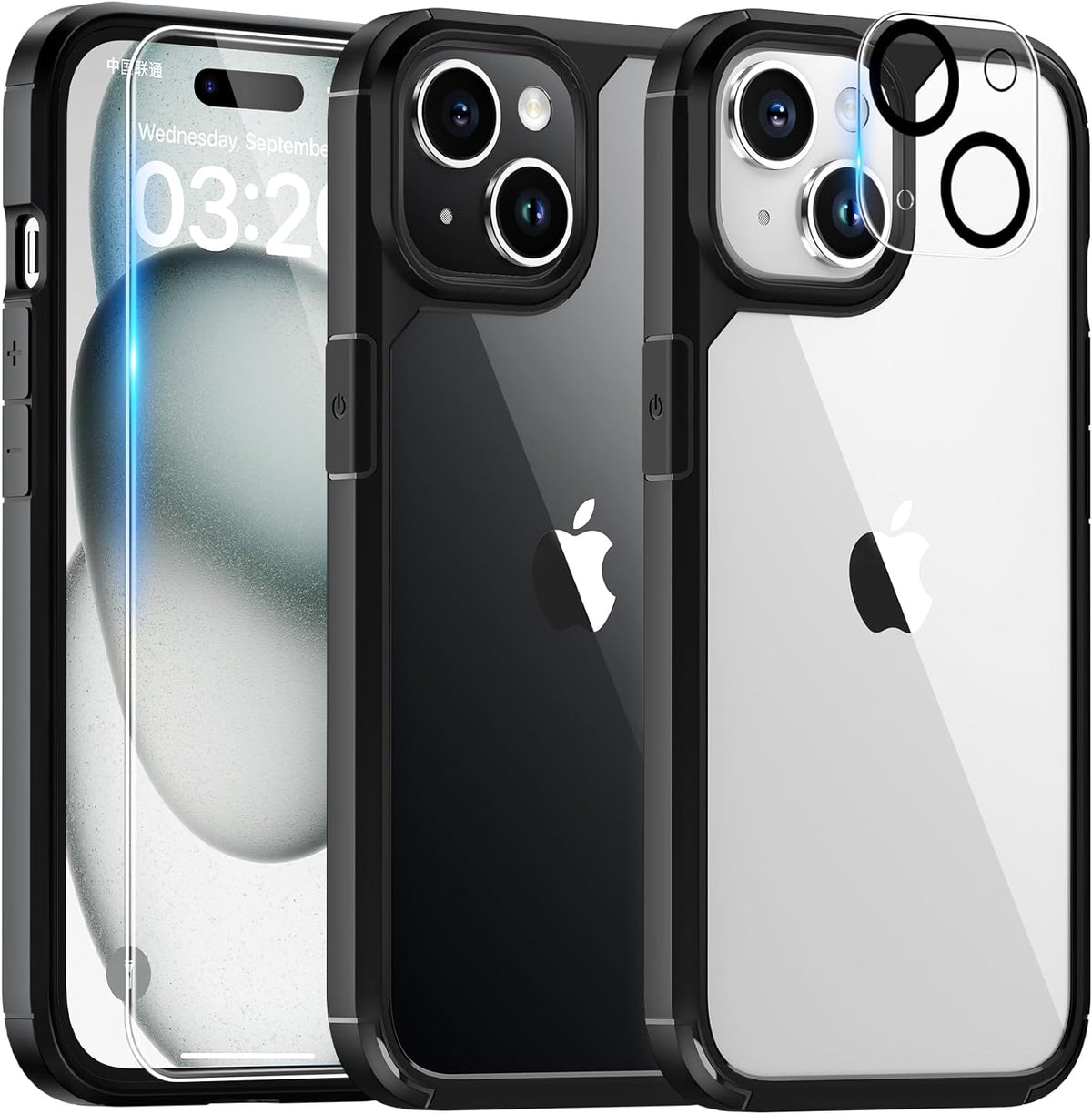 GOX 5 in 1 for iPhone 15 Case, [Not-Yellowing] with 2X Screen Protectors + 2X Camera Lens Protectors, [Military Grade Drop Protection] Shockproof Slim Phone Case for iPhone 15, Black