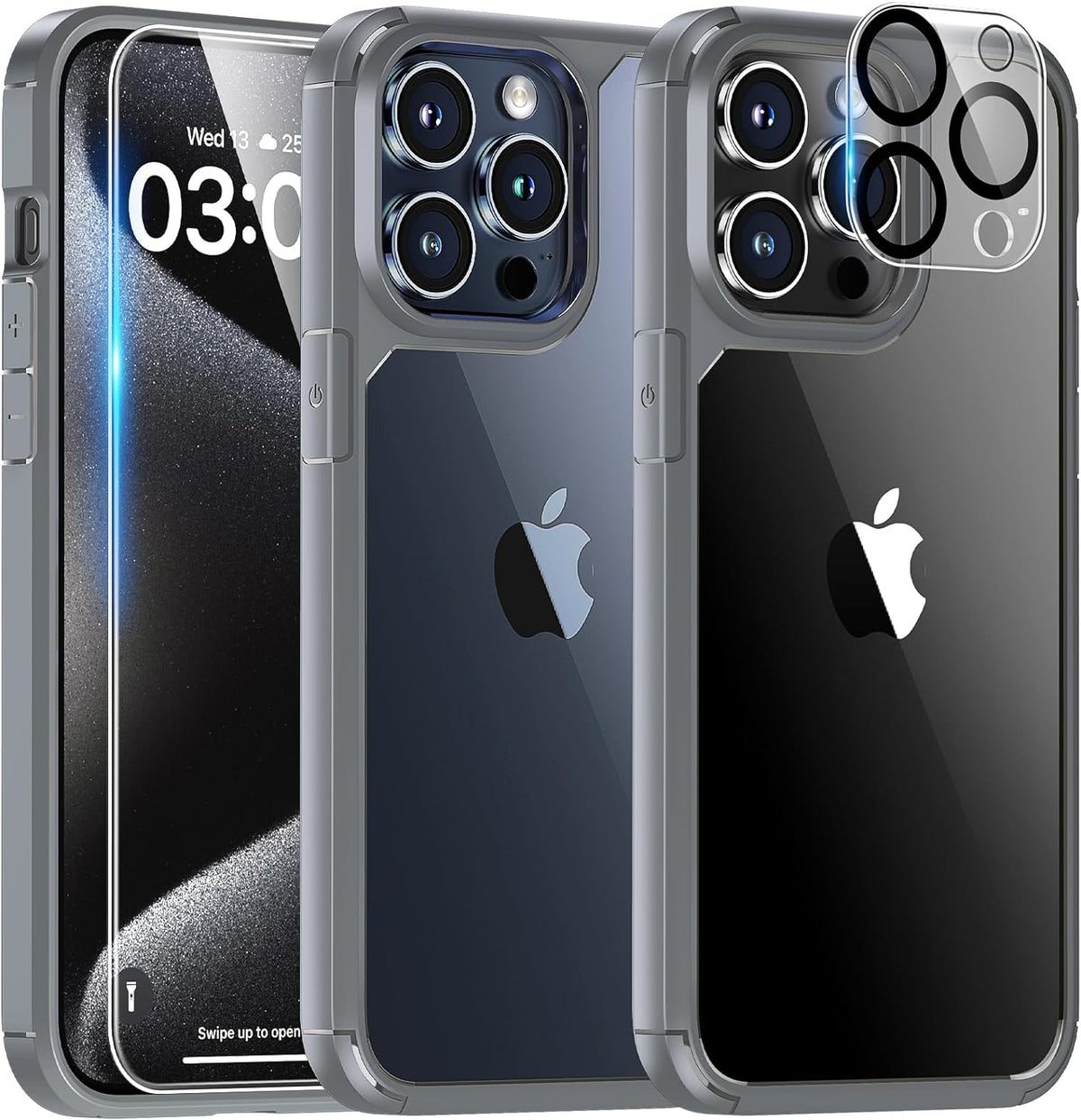 GOX 5 in 1 for iPhone 15 Pro Case, [Not-Yellowing] with 2X Screen Protector + 2X Camera Lens Protector, [Military Grade Drop Protection] Shockproof Slim Phone Case for iPhone 15 Pro, Gray