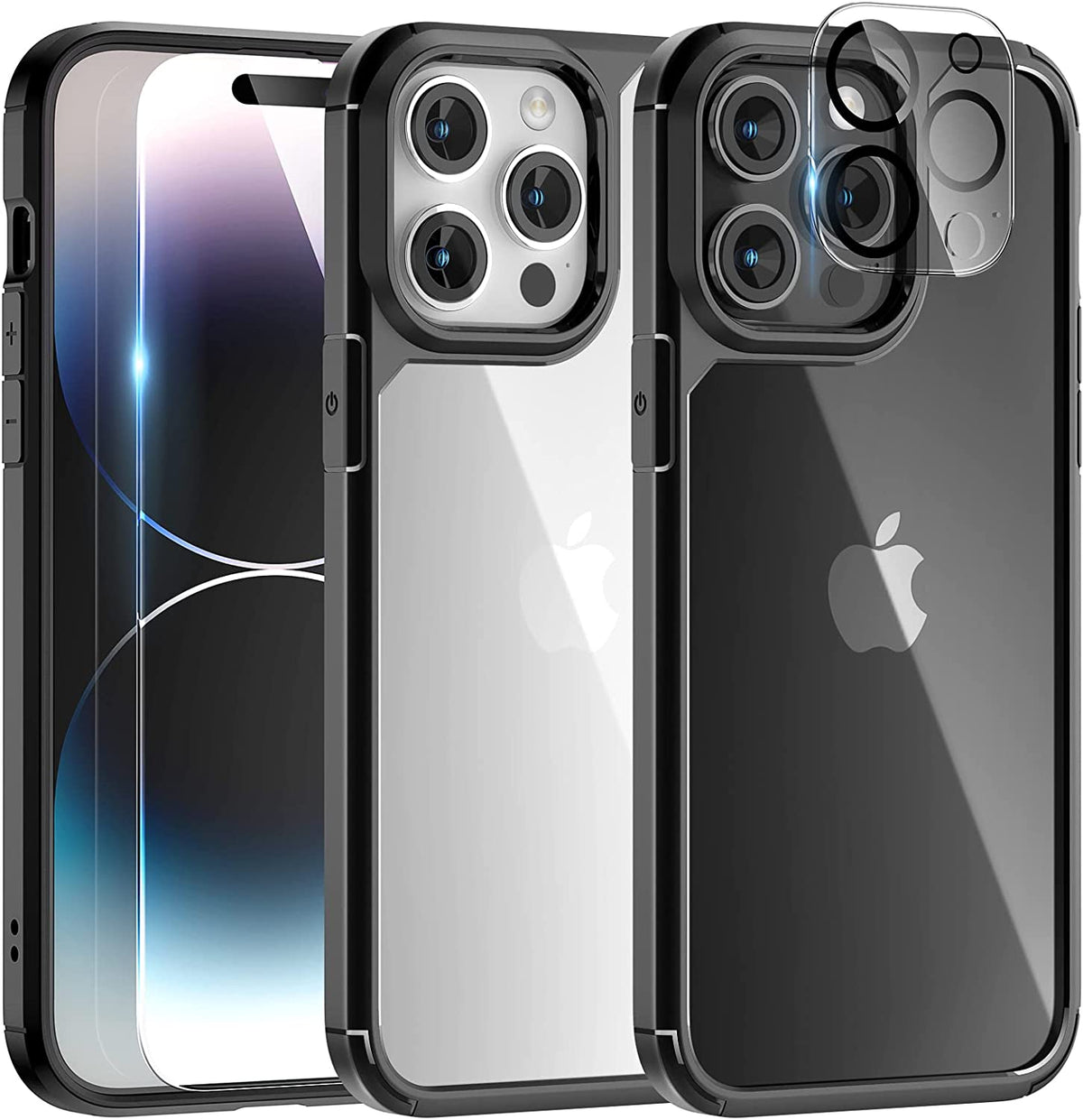 GOX [5 in 1] for iPhone 14 Pro Case, [Not Yellowing] with 2X Tempered Glass Screen Protector + 2X Camera Lens Protector, [Military Grade Drop Protection] Shockproof Slim Phone Case 6.1 Inch, Black