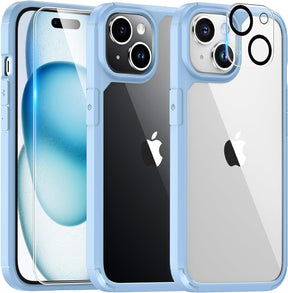 GOX 5 in 1 for iPhone 15 Case, [Not-Yellowing] with 2X Screen Protectors + 2X Camera Lens Protectors, [Military Grade Drop Protection] Shockproof Slim Phone Case for iPhone 15, Light Blue