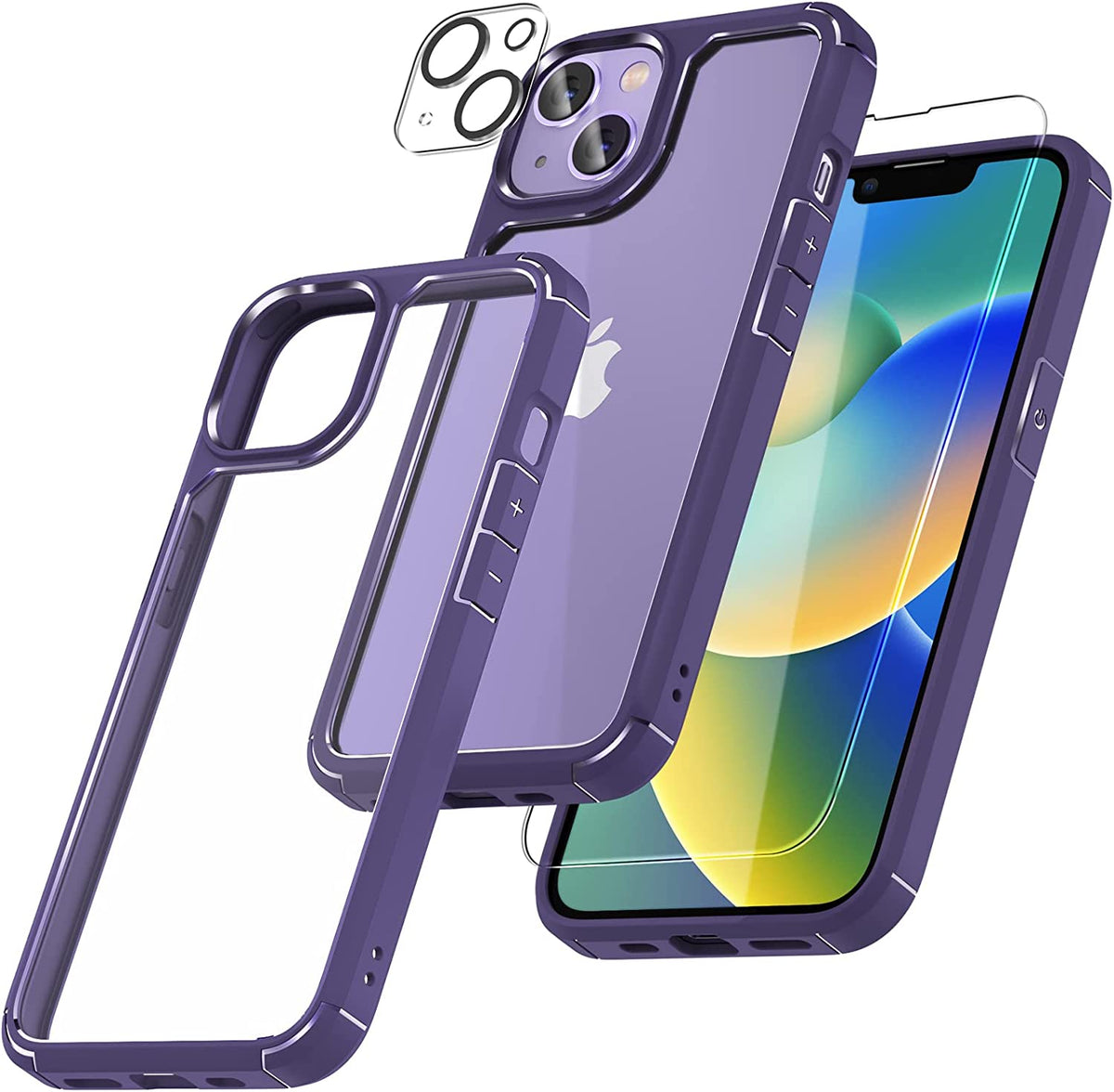 GOX [5 in 1] for iPhone 14 Case, [Not Yellowing] with 2 Tempered Glass Screen Protector + 2 Camera Lens Protector [Military Drop Protection] Shockproof Slim Phone Case for iPhone 14 6.1 Inch-Purple