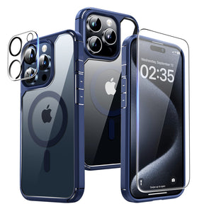 GOX 5 in 1 Magnetic Case for iPhone 15 Pro Max [Mili-Grade Drop Protection] with 2X Screen Protector+2X Camera Lens Protector, Super Transparent Slim for iPhone 15 Pro Max Case Mag-Safe-Clear