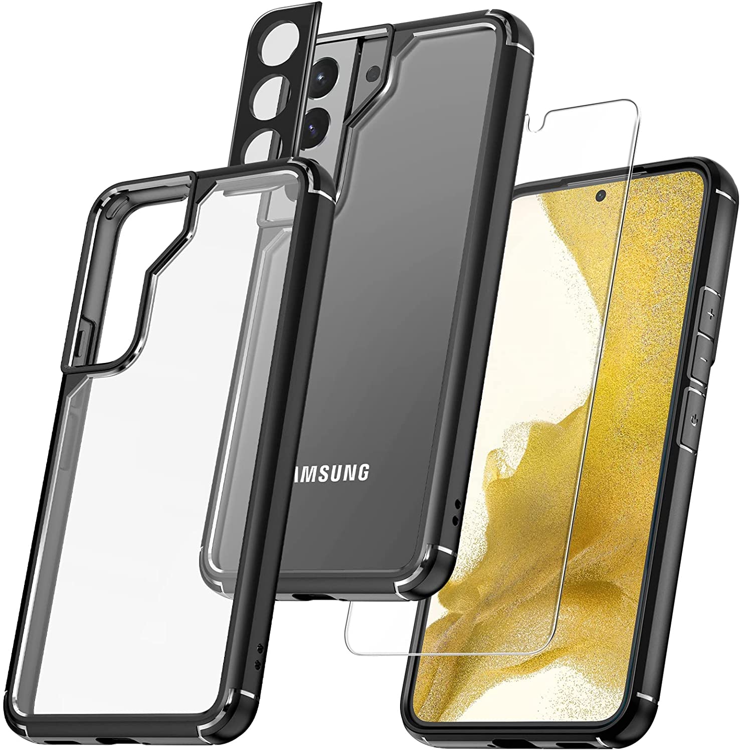 GOX [5 in 1] Shockproof Designed for Samsung Galaxy S22 Case 5G 6.1 Inch, with 2 Pack Tempered Glass Screen Protector + 2 Pack Camera Lens Protector [Military Grade Protection] Slim Thin Cover