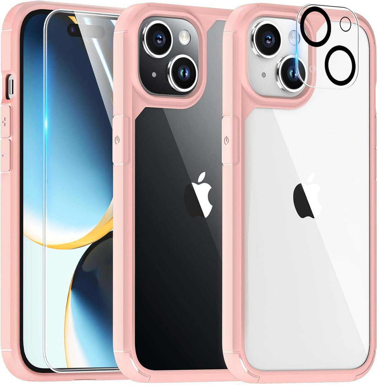 GOX 5 in 1 Designed for iPhone 15 Plus Case, [Not-Yellowing] with 2X Tempered Glass Screen Protector + 2X Camera Lens Protector, [Military-Grade Drop Protection] Slim Phone Case 6.7 Inch Pink