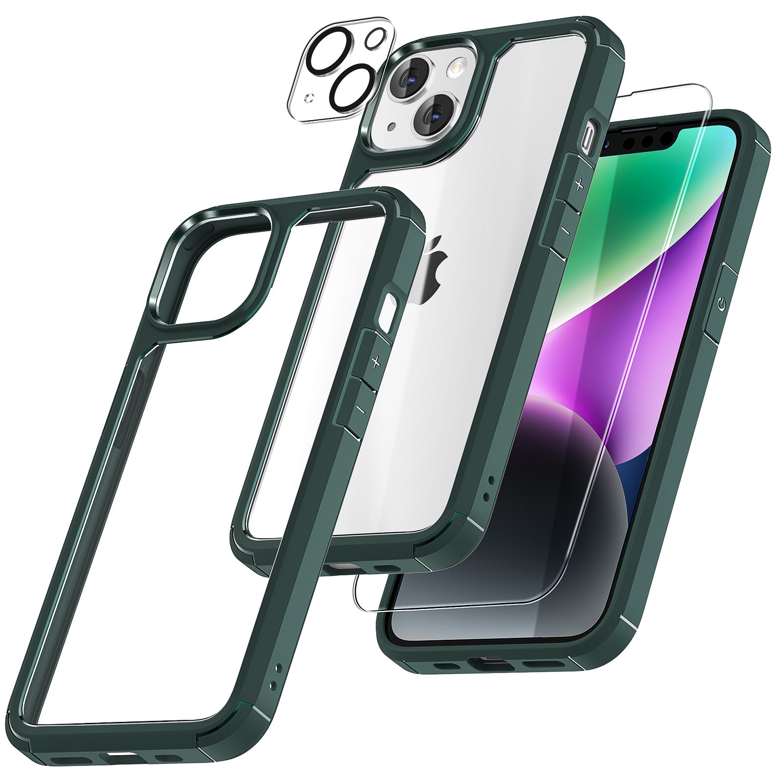 GOX [5 in 1] for iPhone 14 Plus Case [Not Yellowing], with 2 Tempered Glass Screen Protectors+2 Camera Lens Protectors [Military Grade Protection] Shockproof Slim iPhone 14 Plus Case 6.7 Inch-Green