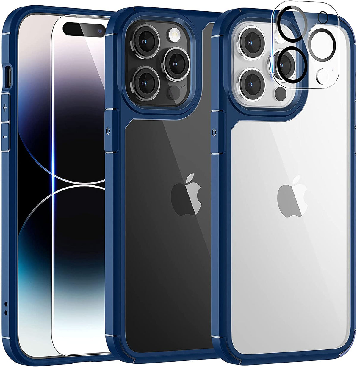 GOX  [5 in 1] for iPhone 14 Pro Case, [Not Yellowing] with 2X Tempered Glass Screen Protector + 2X Camera Lens Protector, [Military Grade Drop Protection] Shockproof Slim Phone Case 6.1 Inch, Blue