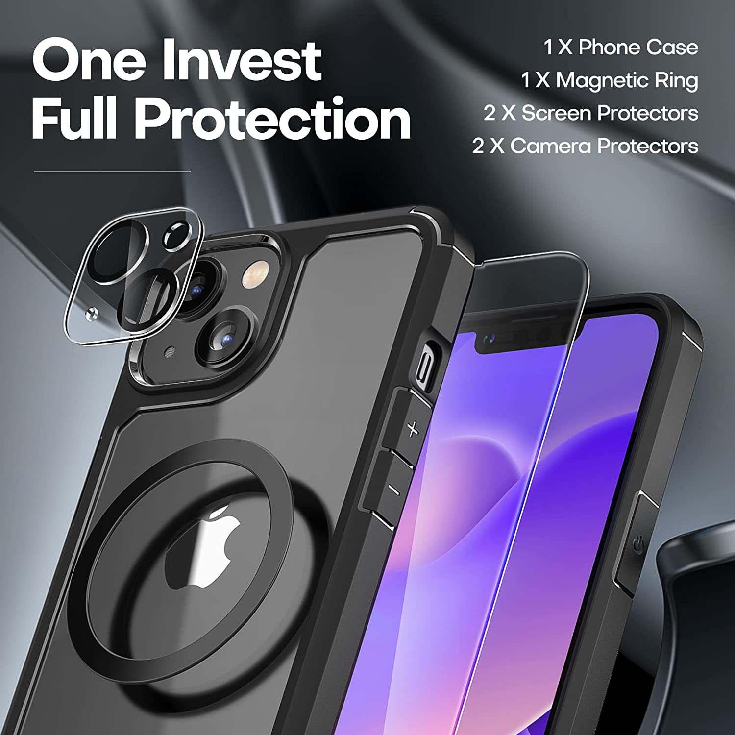 GOX [5 in 1] for iPhone 14 Case, [Not Yellowing] with 2 Tempered Glass Screen Protector + 2 Camera Lens Protector [Military Drop Protection] Shockproof Slim Phone Case for iPhone 14 6.1 Inch-Black