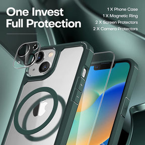 GOX  [5 in 1] for iPhone 14 Case, [Not Yellowing] with 2 Tempered Glass Screen Protector + 2 Camera Lens Protector [Military Drop Protection] Shockproof Slim Phone Case for iPhone 14 6.1 Inch-Green