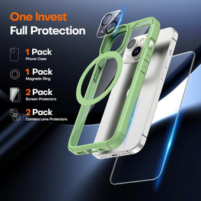 GOX 5 in 1 for iPhone 15 Case, [Not-Yellowing] with 2X Screen Protectors + 2X Camera Lens Protectors, [Military Grade Drop Protection] Shockproof Slim Phone Case for iPhone 15, Light Green