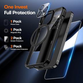 GOX 5 in 1 for iPhone 15 Pro Case, [Not-Yellowing] with 2X Screen Protector + 2X Camera Lens Protector, [Military Grade Drop Protection] Shockproof Slim Phone Case for iPhone 15 Pro, Black