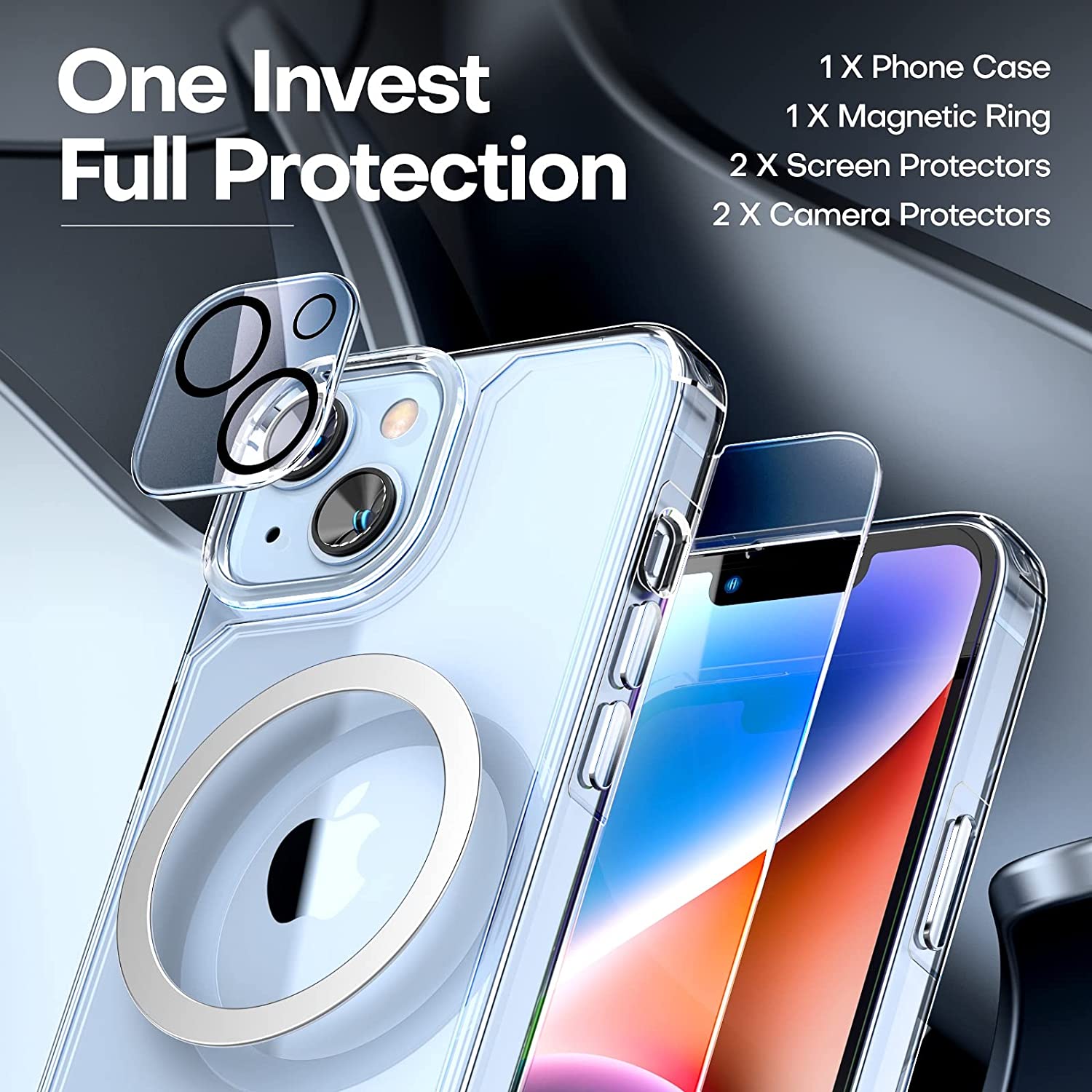 GOX [5 in 1] for iPhone 14 Case Clear, [Not Yellowing] with 2 Tempered Glass Screen Protector + 2 Camera Lens Protector [Military Grade Drop Protection] Shockproof Slim iPhone 14 Cover 6.1 Inch