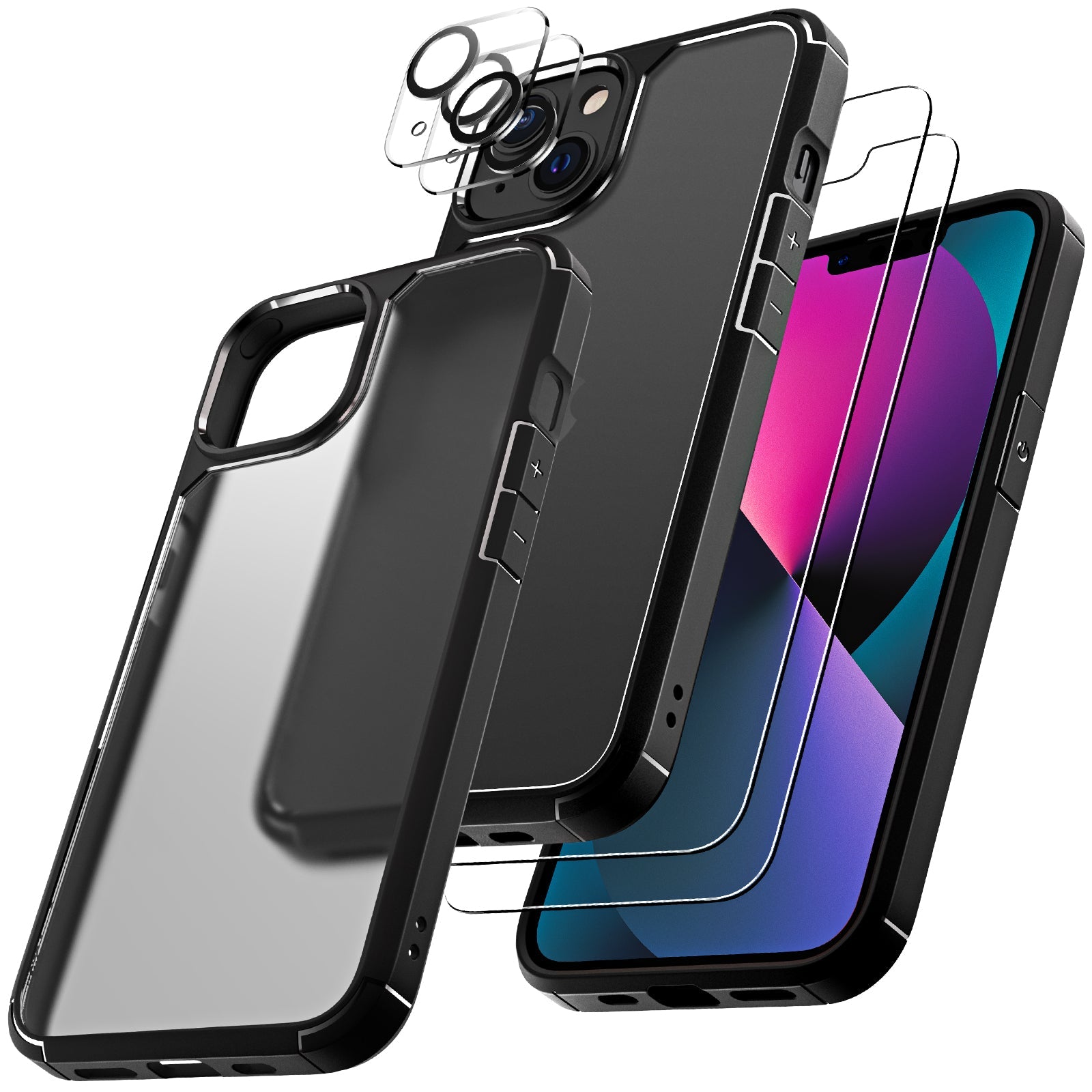 GOX [3 in 1] Defender Designed for iPhone 13 Case 6.1 Inch, with 2 Pack Tempered Glass Screen Protector + 2 Pack Camera Lens Protector [Military Grade Protection] Shockproof Slim Thin