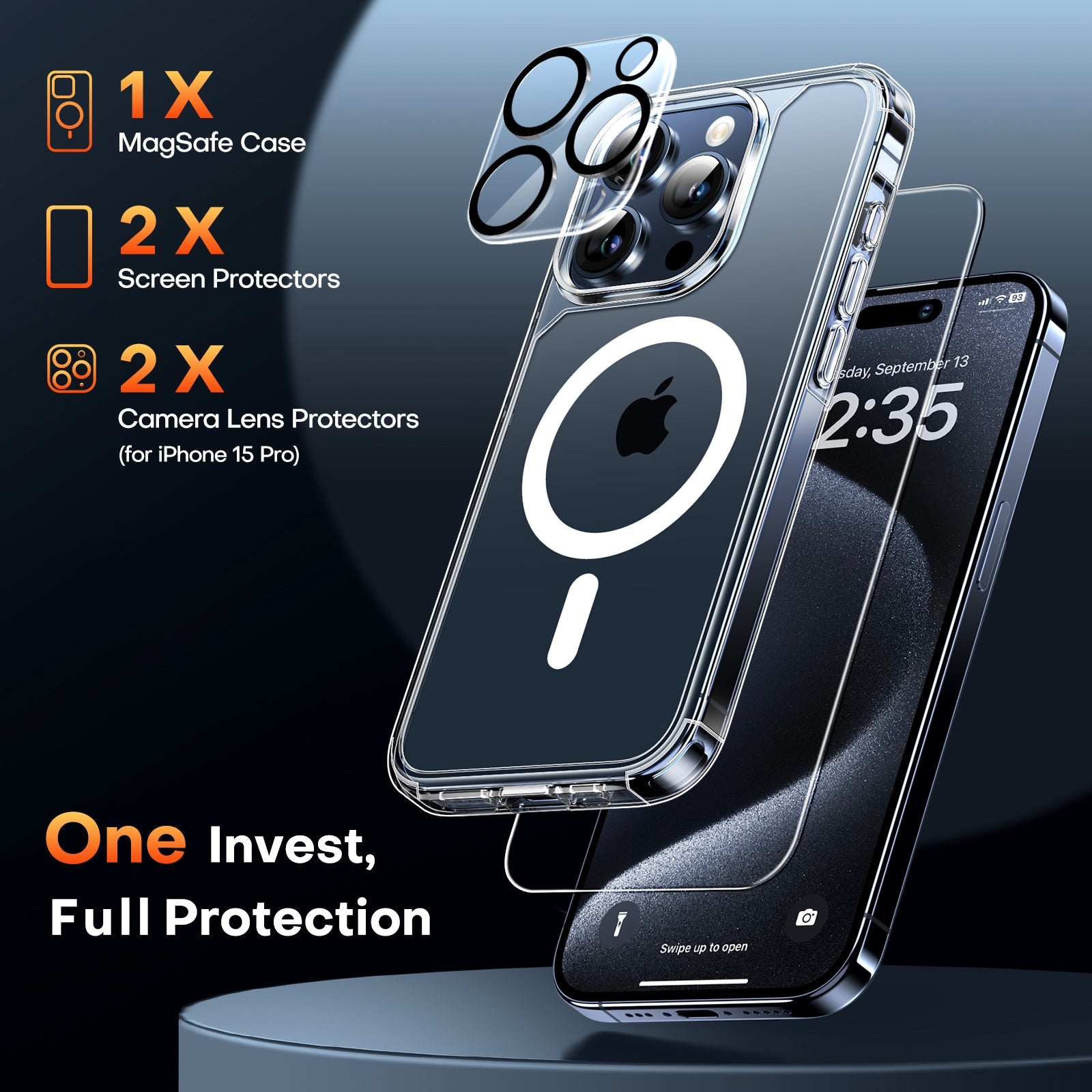 GOX 5 in 1 Magnetic Case for iPhone 15 Pro [Military Grade Drop Protection] with 2X Screen Protector + 2X Camera Lens Protector, Transparent Slim Fit Case Mag-Safe-Clear