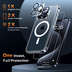 GOX 5 in 1 Magnetic Case for iPhone 15 Pro [Military Grade Drop Protection] with 2X Screen Protector + 2X Camera Lens Protector, Transparent Slim Fit Case Mag-Safe-Clear