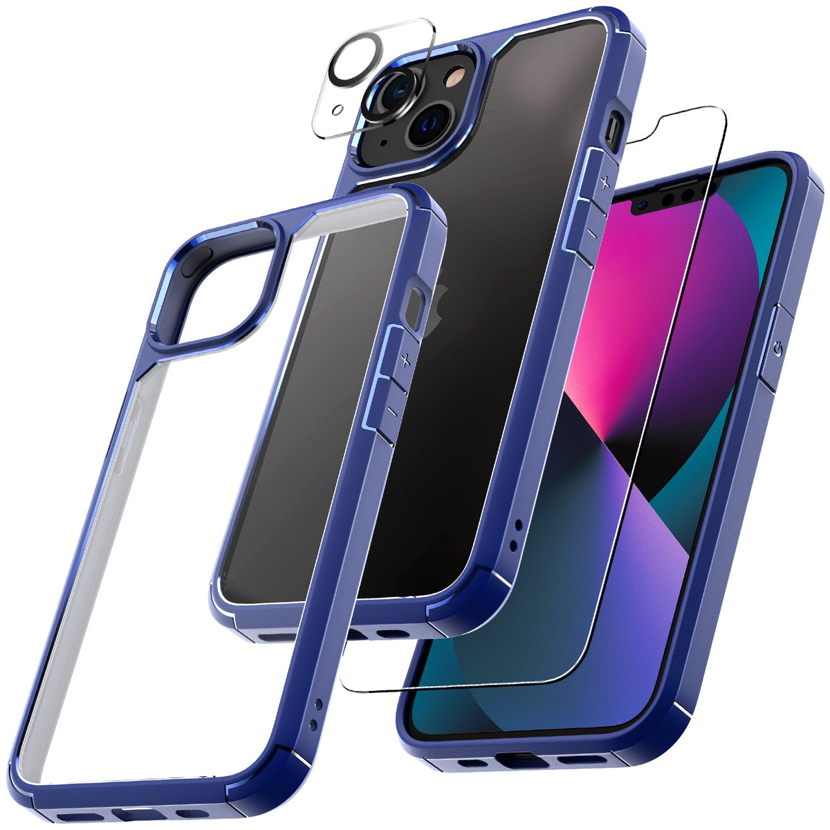 GOX [3 in 1] Defender Designed for iPhone 13 Case 6.1 Inch, with 2 Pack Tempered Glass Screen Protector + 2 Pack Camera Lens Protector [Military Grade Protection] Shockproof Slim Thin