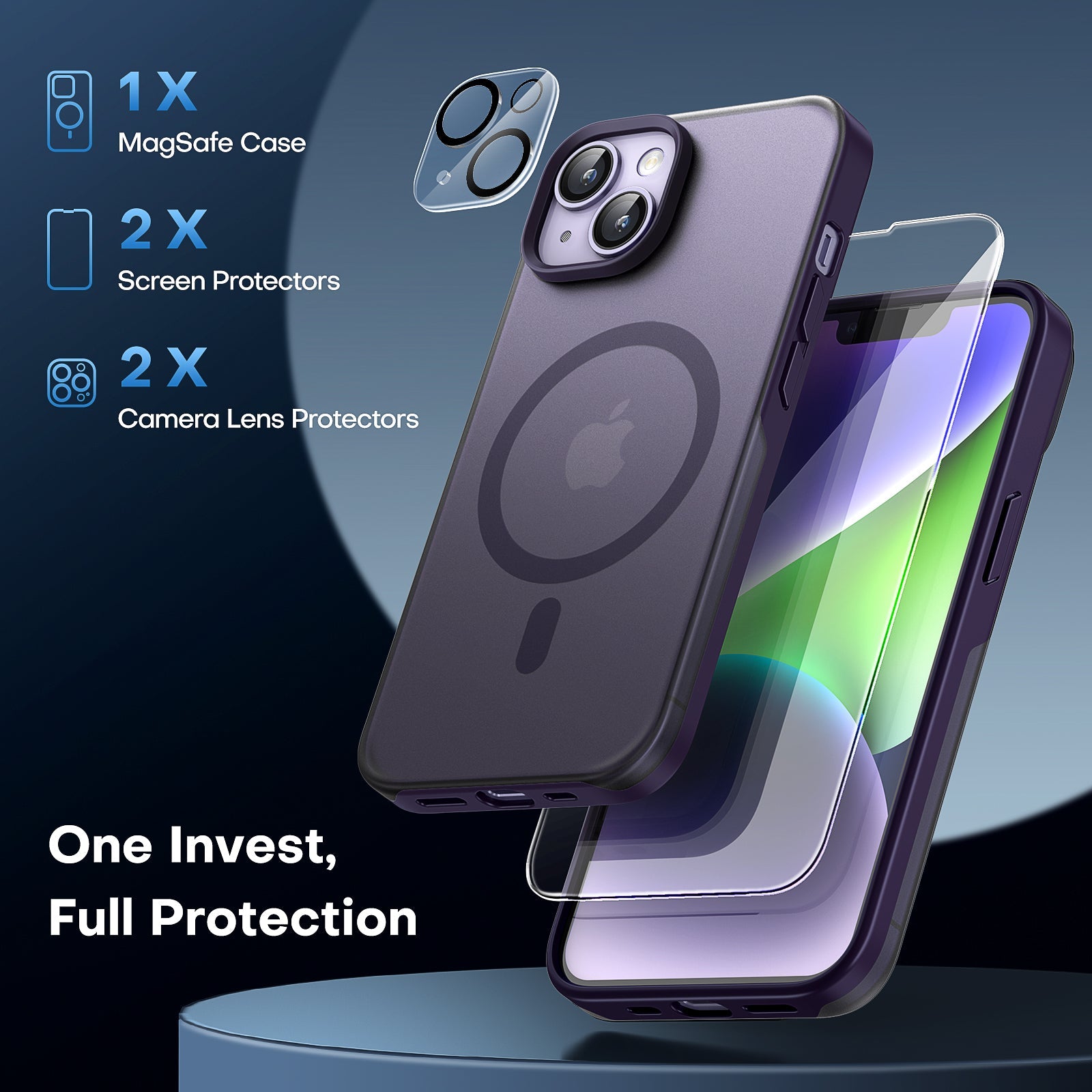 GOX [5 in 1] Magnetic Case for iPhone 14 Plus [Military Grade Drop Protection] with 2X Screen Protector +2X Camera Lens Protector, Translucent Matte Slim Fit Compatible with Magsafe Case-Purple