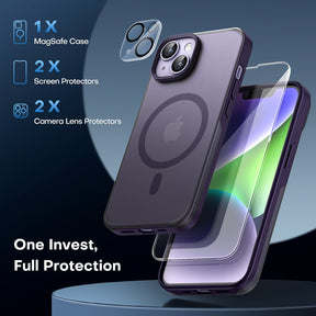 GOX [5 in 1] Magnetic Case for iPhone 14 Plus [Military Grade Drop Protection] with 2X Screen Protector +2X Camera Lens Protector, Translucent Matte Slim Fit Compatible with Magsafe Case-Purple
