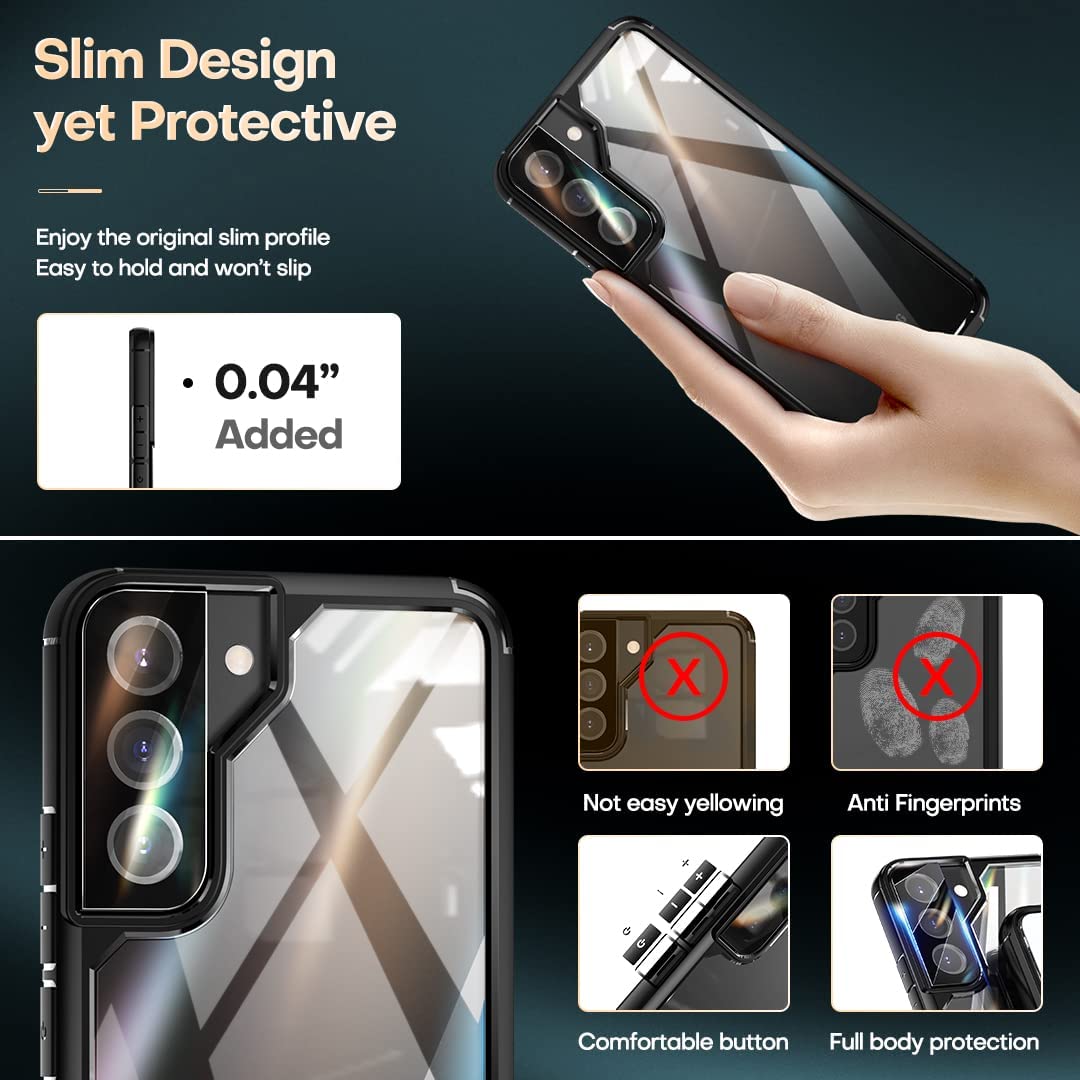 GOX [5 in 1] Shockproof Designed for Samsung Galaxy S22 Case 5G 6.1 Inch, with 2 Pack Tempered Glass Screen Protector + 2 Pack Camera Lens Protector [Military Grade Protection] Slim Thin Cover