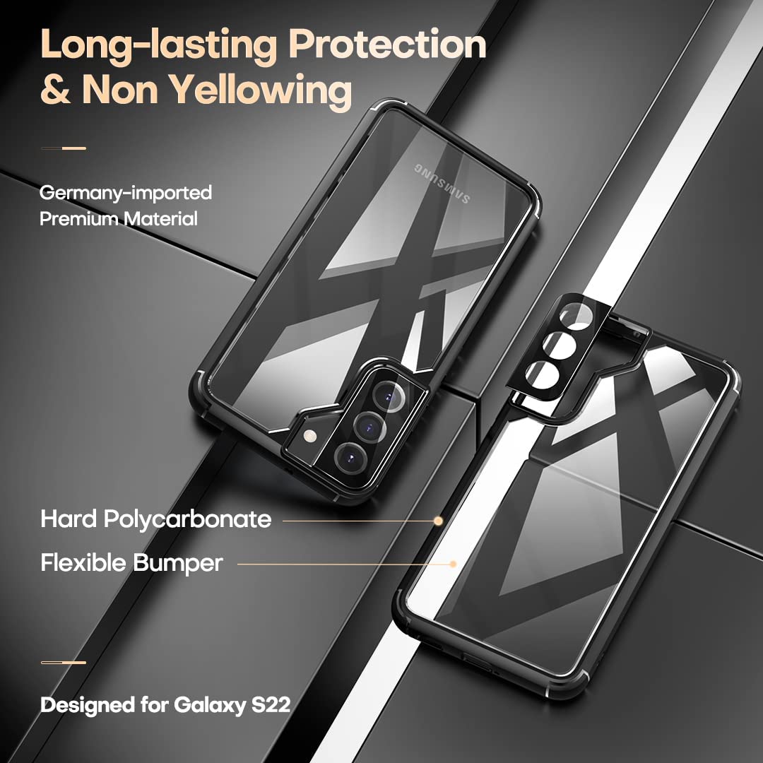 GOX [5 in 1] Shockproof Designed for Samsung Galaxy S22 Case 5G 6.1 Inch, with 2 Pack Tempered Glass Screen Protector + 2 Pack Camera Lens Protector [Military Grade Protection] Slim Thin Cover