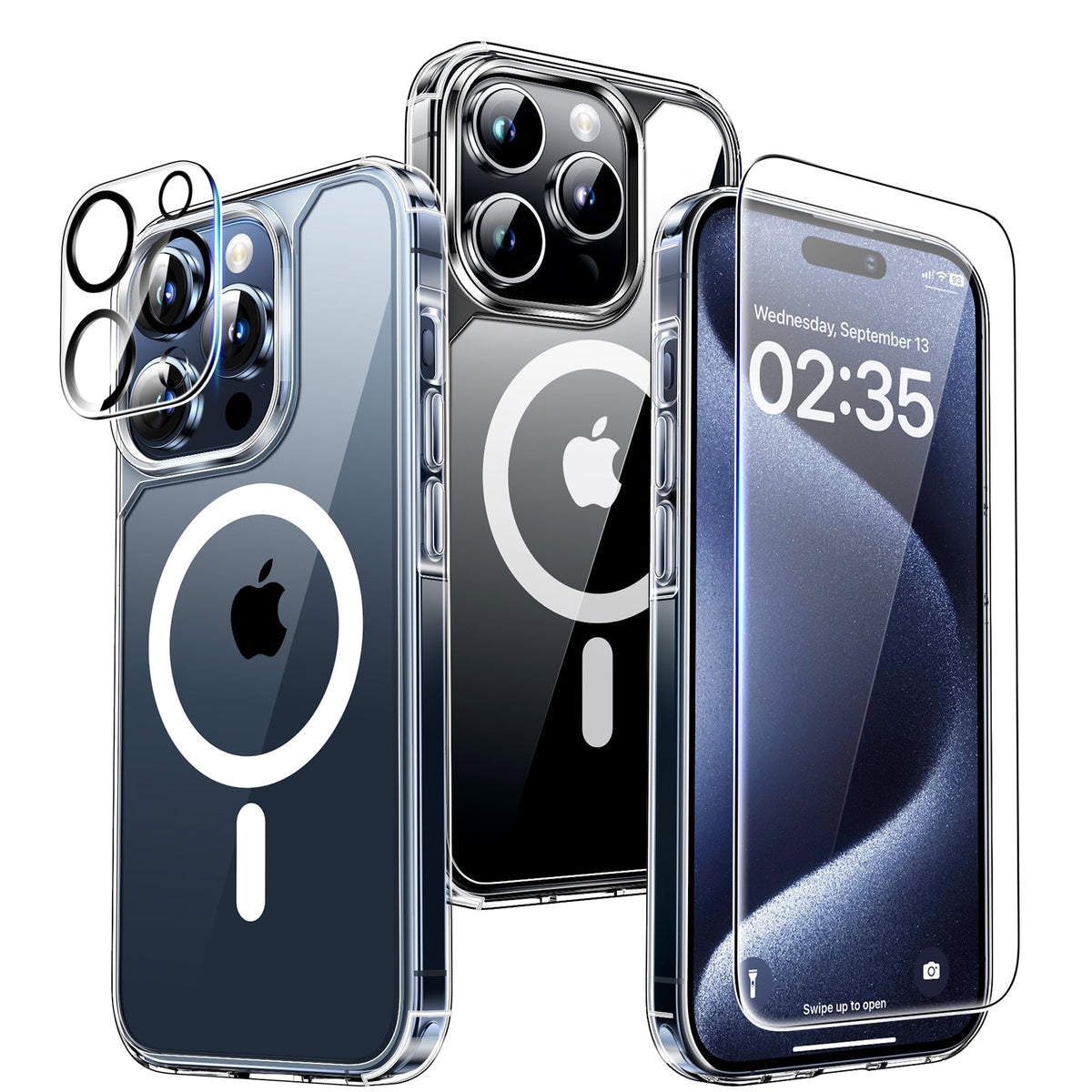 GOX 5 in 1 Magnetic Case for iPhone 15 Pro Max [Mili-Grade Drop Protection] with 2X Screen Protector+2X Camera Lens Protector, Super Transparent Slim for iPhone 15 Pro Max Case Mag-Safe-Clear