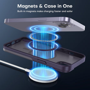 GOX [5 in 1] Magnetic Case for iPhone 14 Plus [Military Grade Drop Protection] with 2X Screen Protector +2X Camera Lens Protector, Translucent Matte Slim Fit Compatible with Magsafe Case-Purple