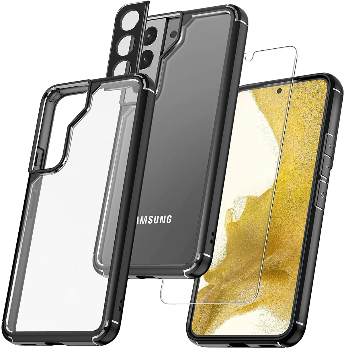 GOX [5 in 1] Shockproof Designed for Samsung Galaxy S22 Plus Case 5G 6.6 Inch, with 2 Pack Tempered Glass Screen Protector + 2 Pack Camera Lens Protector [Military Grade Protection] Slim Cover