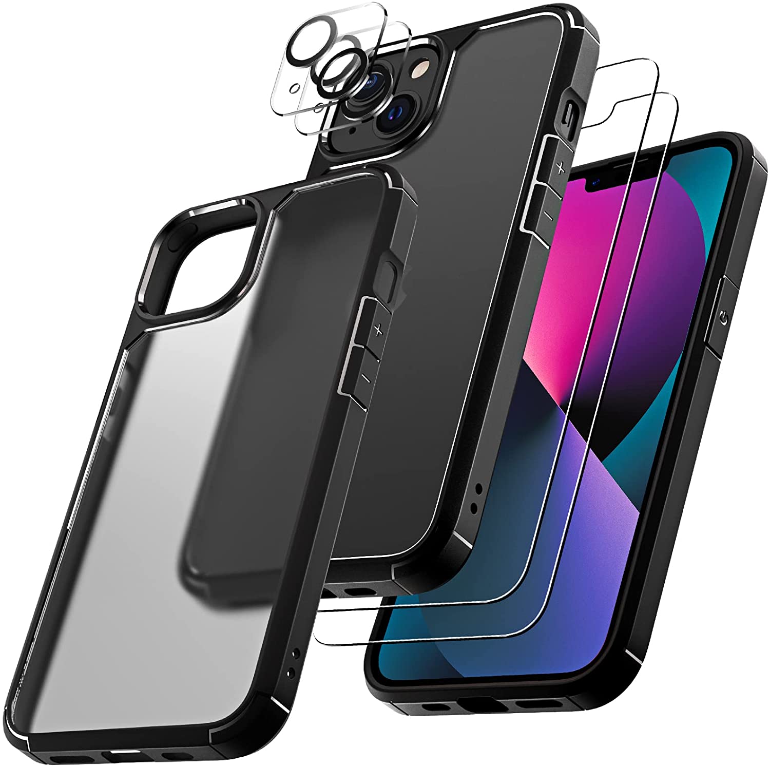 GOX  [3 in 1] Defender Designed for iPhone 13 Case 6.1 Inch, with 2 Pack Tempered Glass Screen Protector + 2 Pack Camera Lens Protector [Military Grade Protection] Shockproof Slim Thin