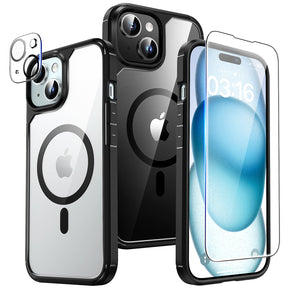 GOX 5 in 1 Magnetic for iPhone 15 Case Clear, [Designed for Magsafe] with 2X Screen Protectors +2X Camera Lens Protectors, [Not-Yellowing] Shockproof Slim Case for iPhone 15