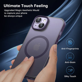 GOX [5 in 1] Magnetic Case for iPhone 14 Plus [Military Grade Drop Protection] with 2X Screen Protector +2X Camera Lens Protector, Translucent Matte Slim Fit Compatible with Magsafe Case-Purple