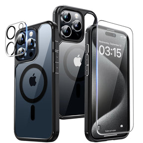 GOX 5 in 1 Magnetic Case for iPhone 15 Pro Max [Mili-Grade Drop Protection] with 2X Screen Protector+2X Camera Lens Protector, Super Transparent Slim for iPhone 15 Pro Max Case Mag-Safe-Clear