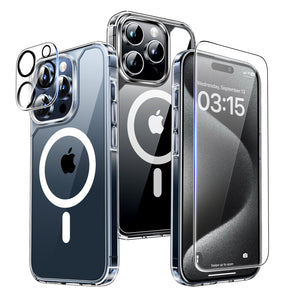 GOX 5 in 1 Magnetic Case for iPhone 15 Pro Max [Mili-Grade Drop Protection] with 2X Screen Protector+2X Camera Lens Protector, Super Transparent Slim for iPhone 15 Pro Max Case Mag-Safe-Clear