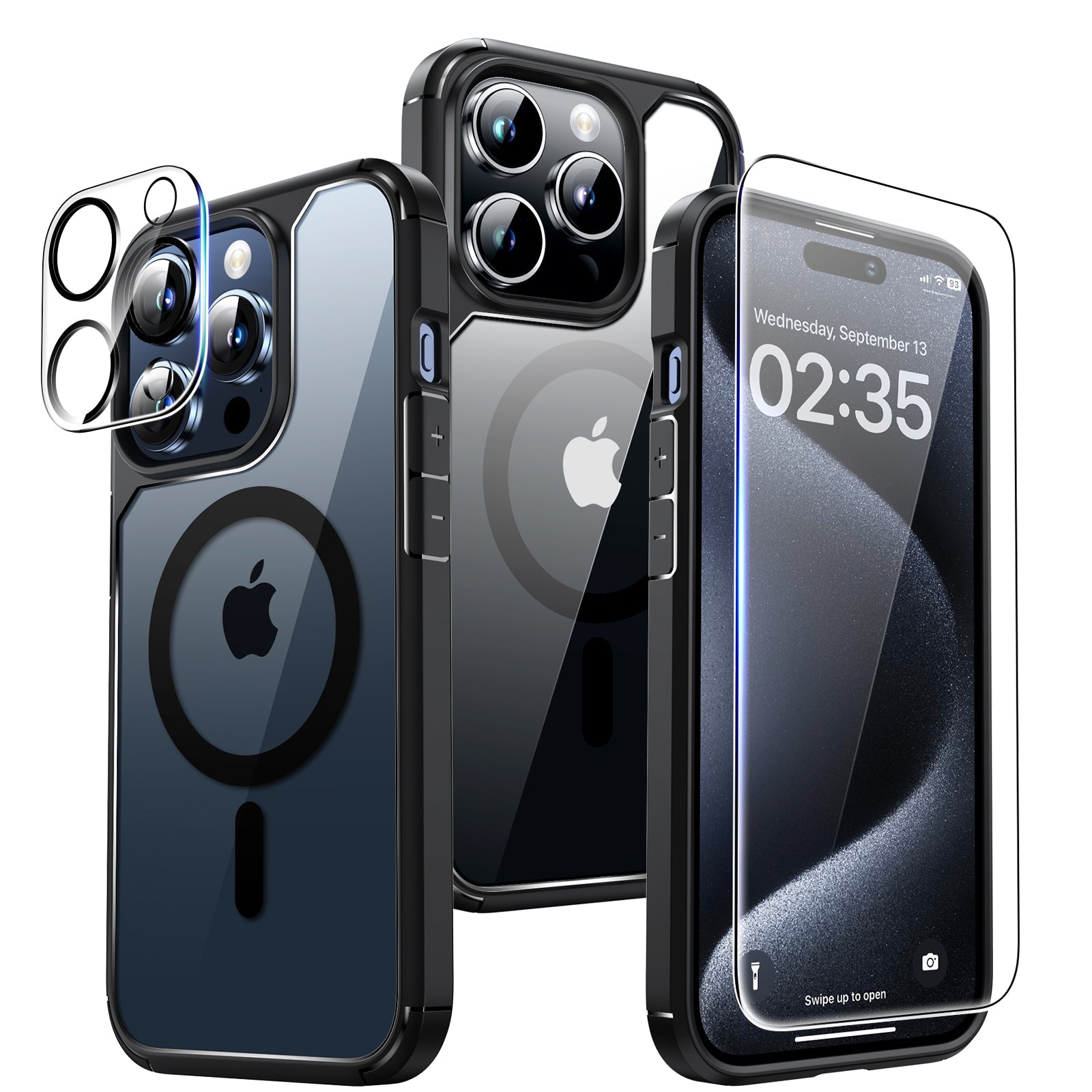 GOX 5 in 1 Magnetic Case for iPhone 15 Pro [Military Grade Drop Protection] with 2X Screen Protector + 2X Camera Lens Protector, Transparent Slim Fit Case Mag-Safe-Clear